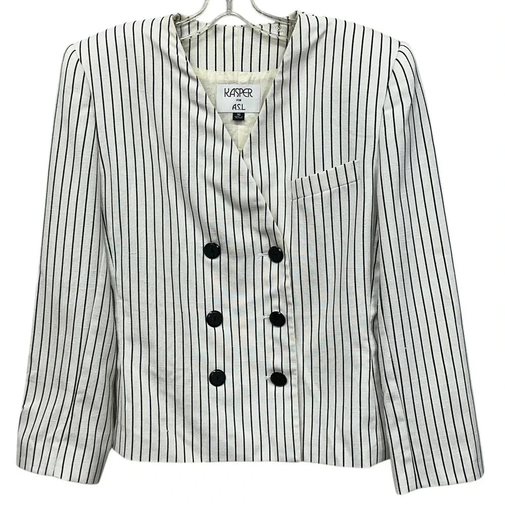 Vintage Kasper Blazer Womens 16 Black Pinstripe Double Breasted‎ 80s Nautical